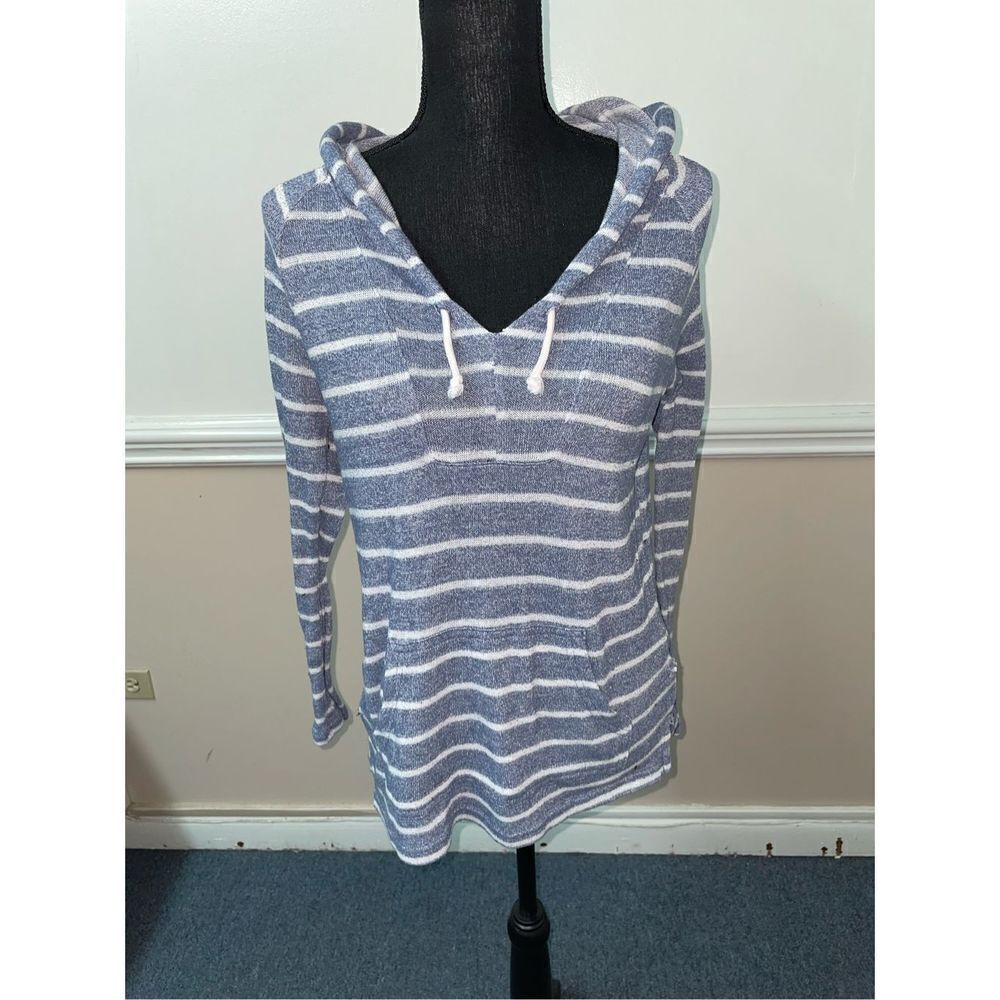 Sonoma Blue and White Stripe Long Sleeve Hooded Shirt Size Small